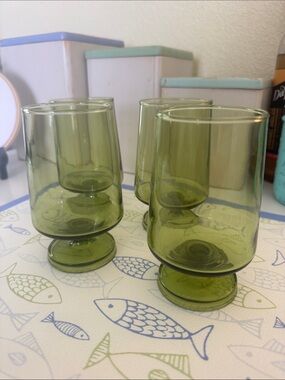 Vintage Olive Green Glass Goblets Set of 4 | 1970s Mid-Century Drinking Glasses